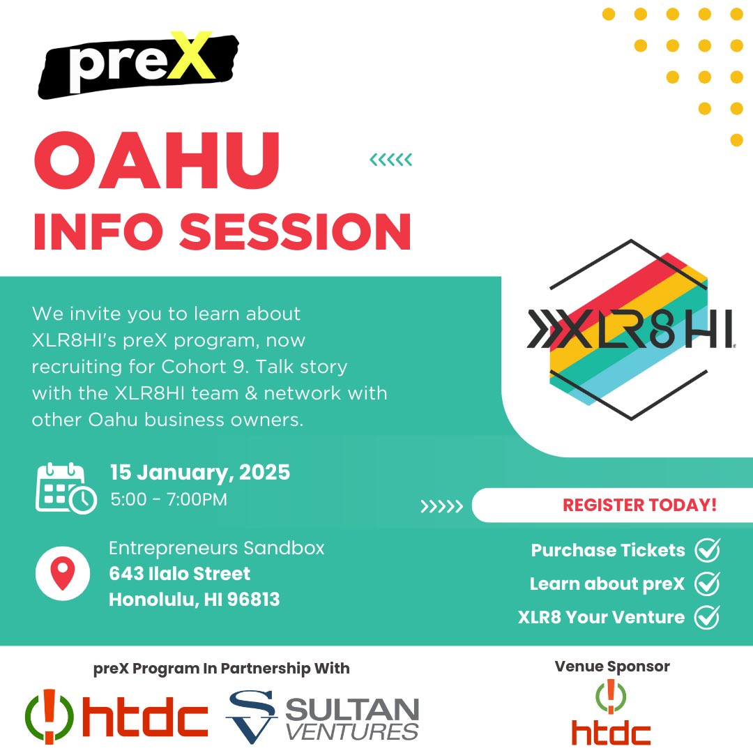 Last chance to register for the <a href="/XLR8HI/">XLR8HI</a> #Oahu preX info session. Come talk story with the team, alumni ohana, and learn more about Cohort 9. 

Register in link below: 

eventbrite.com/e/xlr8hi-prex-…

#hawaiistartups #808state #startupparadise