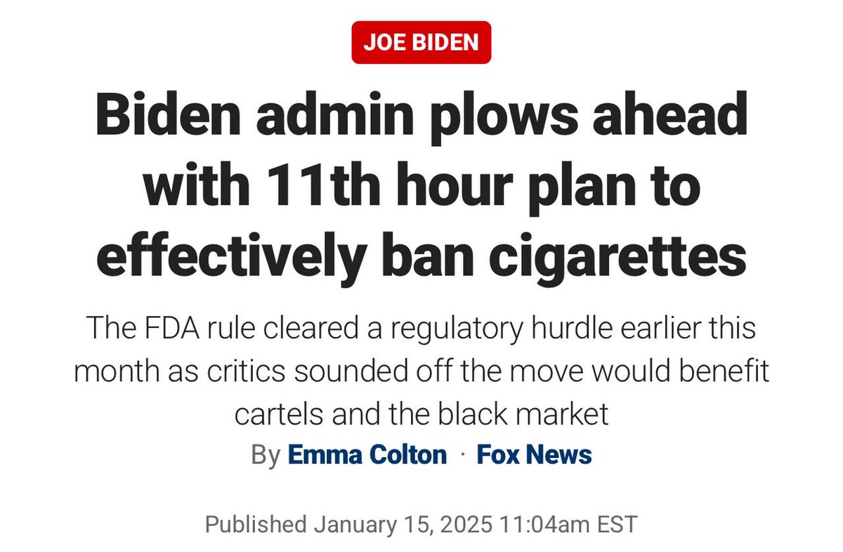 The FDA is pushing Biden's cigarette ban despite public opposition. In his  final week, Biden prioritizes banning nicotine over pressing issues. This  is your government deciding for you, taking away your choice
