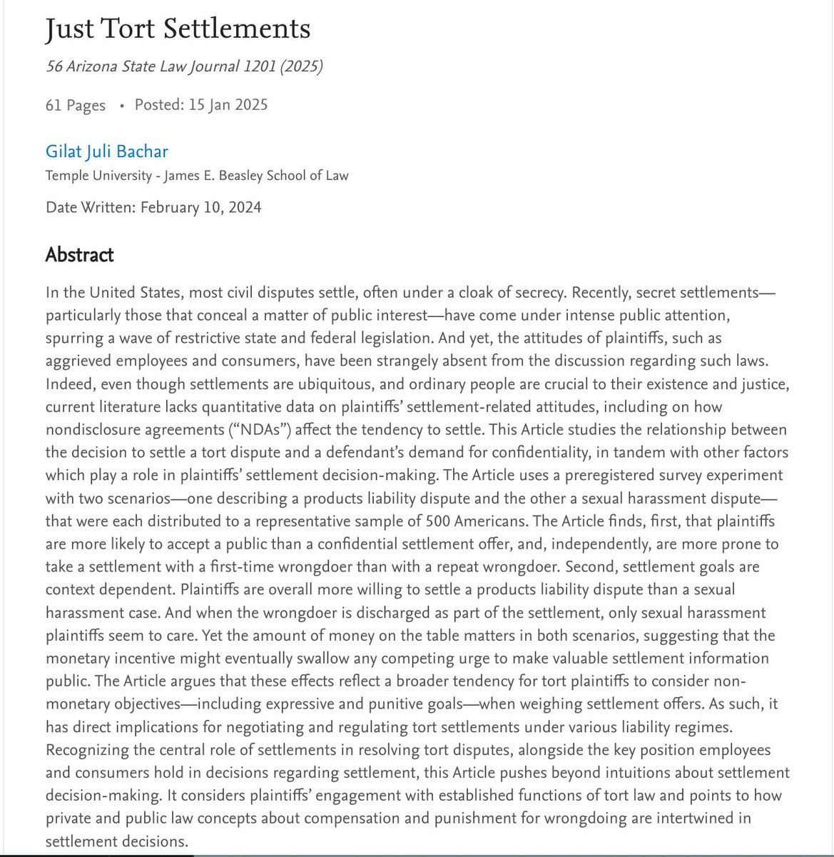 New article alert: A deep dive into how plaintiffs' attitudes shape civil settlements when NDAs are involved. A survey of 500 Americans reveals that confidentiality, repeat wrongdoing, and settlement goals (monetary vs. accountability) all play key roles. papers.ssrn.com/sol3/papers.cf…