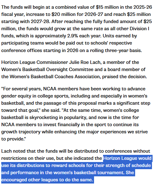 NCAA approves creation of funds to be distributed to conferences based on teams participating and advancing in the D-I WBB tourney; Horizon League plans to use its distributions to reward schools for their strength of schedule and tourney performance ncaa.org/news/2025/1/15…