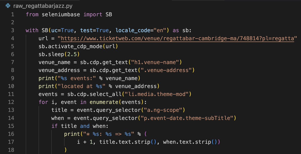 natea's tweet image. It’s pretty incredible that using @SeleniumBase, the basic scraper to grab the event title, date and URL is only 19 lines of Python code, and 6 of those are simply print statements for debugging! #everydai #learninpublic