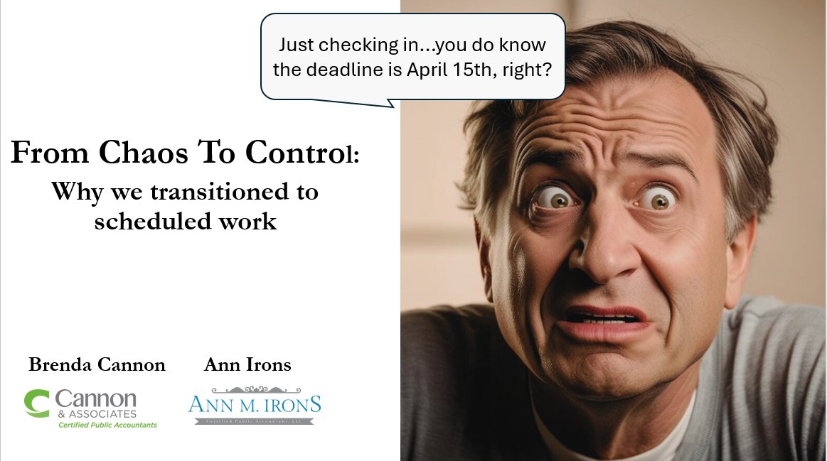 <a href="/AnnMIronsCPALLC/">Ann Irons CPA</a>  and I will be doing a webinar on <a href="/EarmarkCPE/">Earmark</a>  this Friday at 2:00 CST to talk about scheduling tax prep and how it has changed our lives for the better.  Please join us and ask all the questions.