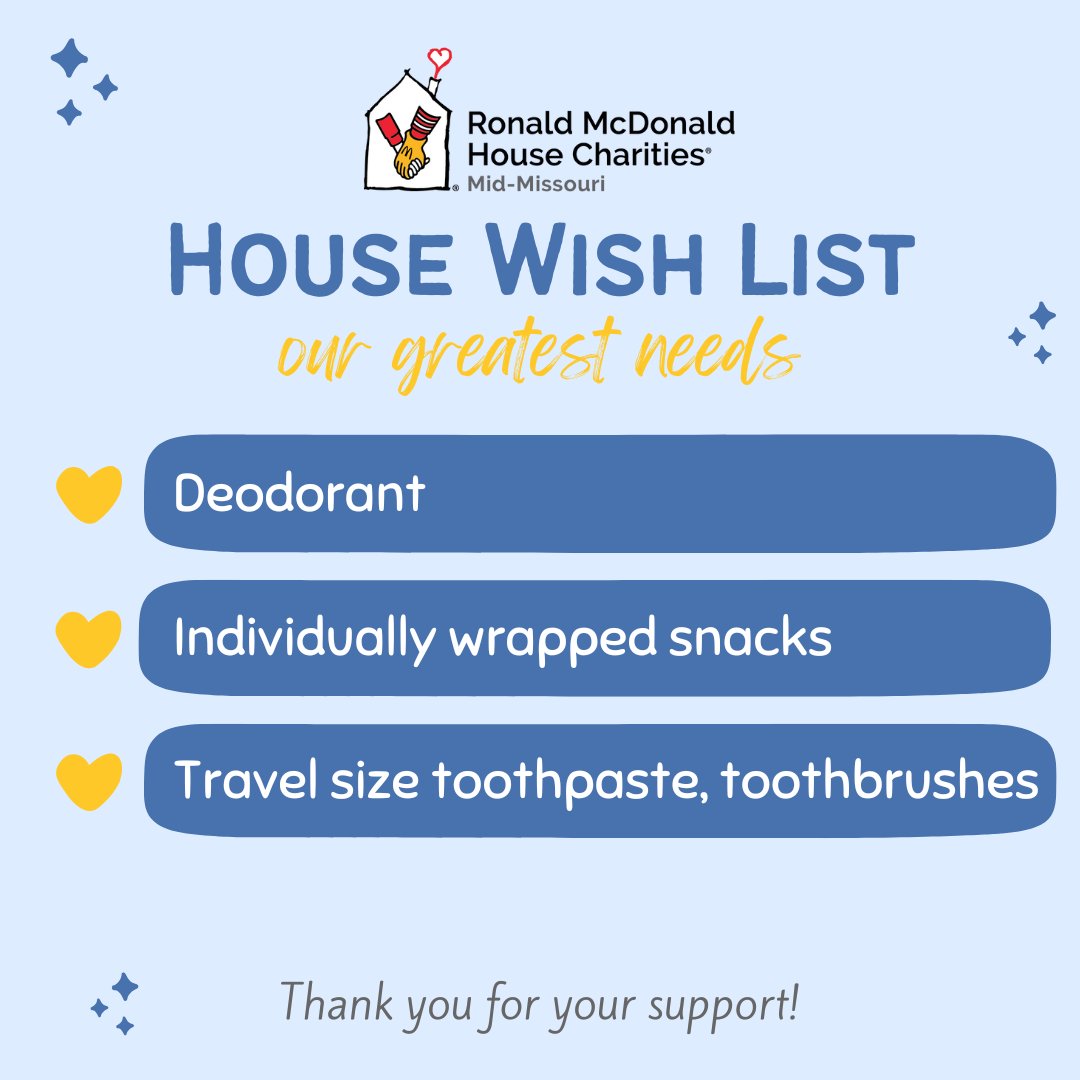 WISH LIST WEDNESDAY  
Our top needs this week are deodorant, individually wrapped snacks, and travel size toothpaste/toothbrushes.  
Check out our Amazon wish list! ow.ly/cVqr50UBlUE
Donations can be dropped off/shipped to 1110 South College Avenue, Columbia, MO 65201