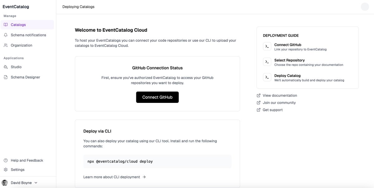 I've been working on a dashboard for <a href="/event_catalog/">EventCatalog</a> , users will be able to deploy there catalogs, use studio to visual design them, get notifications when schemas change and much more....

I really like how the dashboard is currently looking ❤️