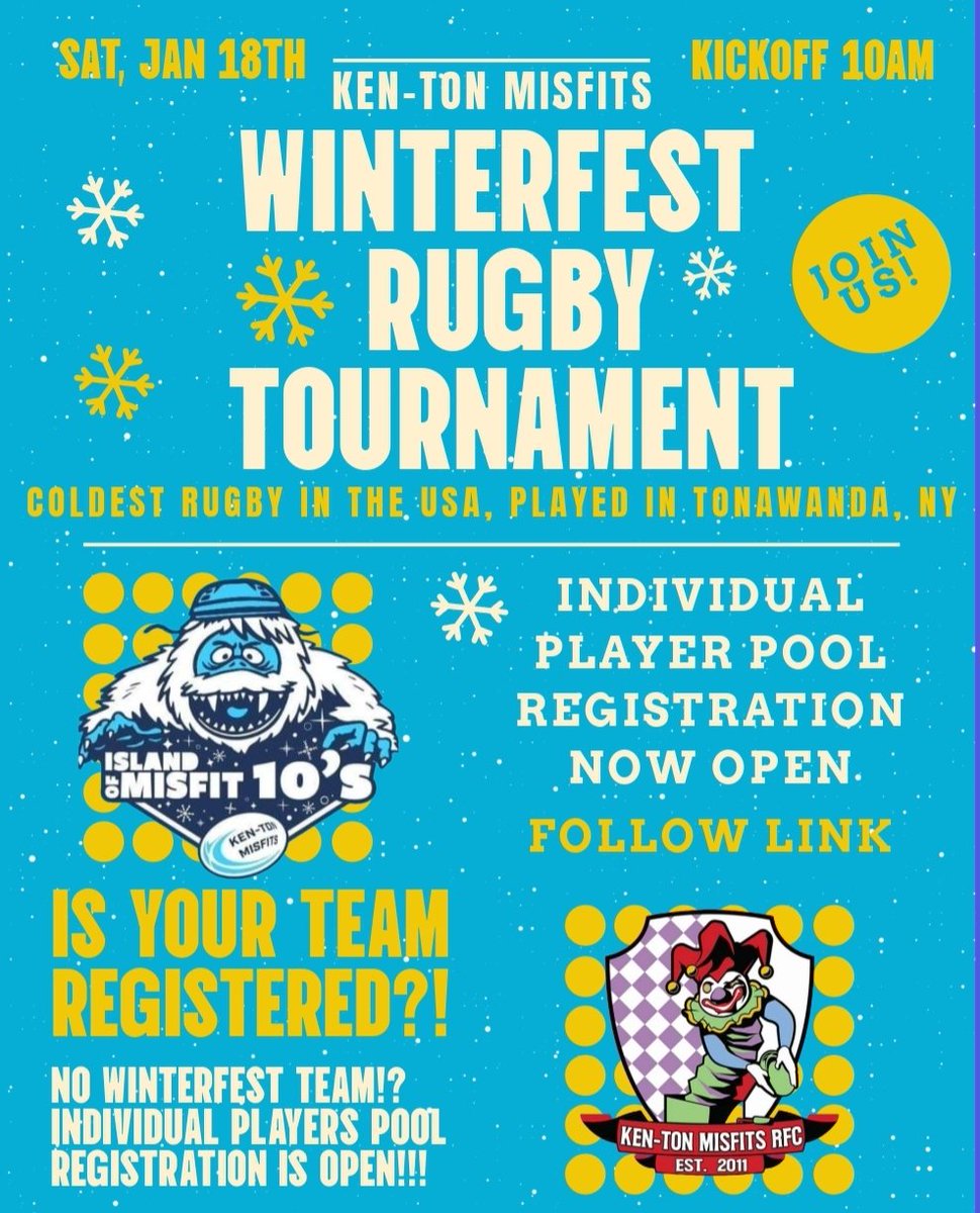 Ken-Ton Misfits Island of Misfit 10's Winterfest Rugby Tournament
Individual Player Pool Registration is Open:
forms.gle/ztJrMSUQCkKakd…

Sat, Jan 18th
Misfits Pitch, 250-260 Brompton Rd, Tonawanda, NY 14150
Check-in: 9-9:30am
1st KO: 10AM