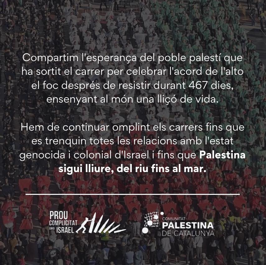 Davant l'anunci de l'alto al foc a Gaza, compartim l'esperança del poble palestí que ha sortit als carrers a celebrar-ho.

Ara més que mai cridem a totes a sortir al carrer aquest dissabte per exigir que es respectin els termes de l'alto al foc.