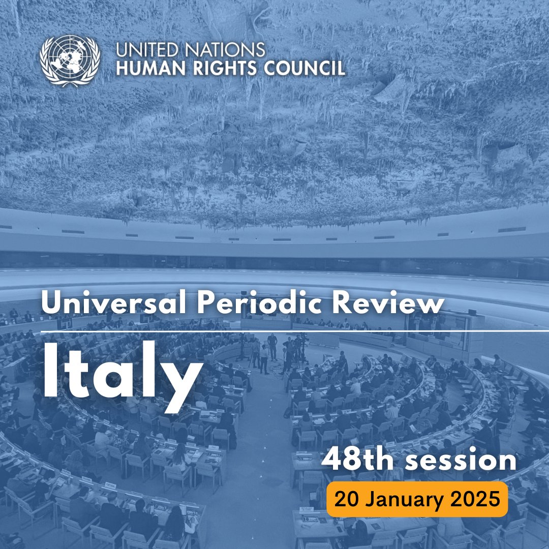 La situazione dei diritti umani in #Italia🇮🇹 sarà esaminata dal Gruppo di lavoro per l'Esame periodico universale del Consiglio per i diritti umani delle Nazioni Unite🇺🇳 in data lunedì 20 gennaio 2025.

Maggiori informazioni ➔ow.ly/YAlN50UHftU

#UPR48