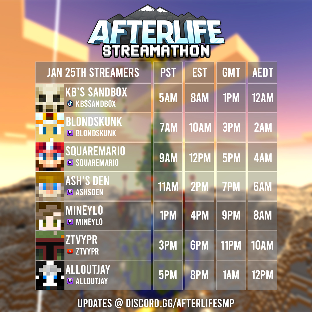 📅 Clear your schedule for January 25th, the AfterLife SMP Streamathon is back! With 7 incredible streamers bringing their A-game, you won’t want to miss this all-day Minecraft extravaganza. ⏰ Which time slots will you be tuning into? 👀
#MinecraftServer #MinecraftSMP #Minecraft