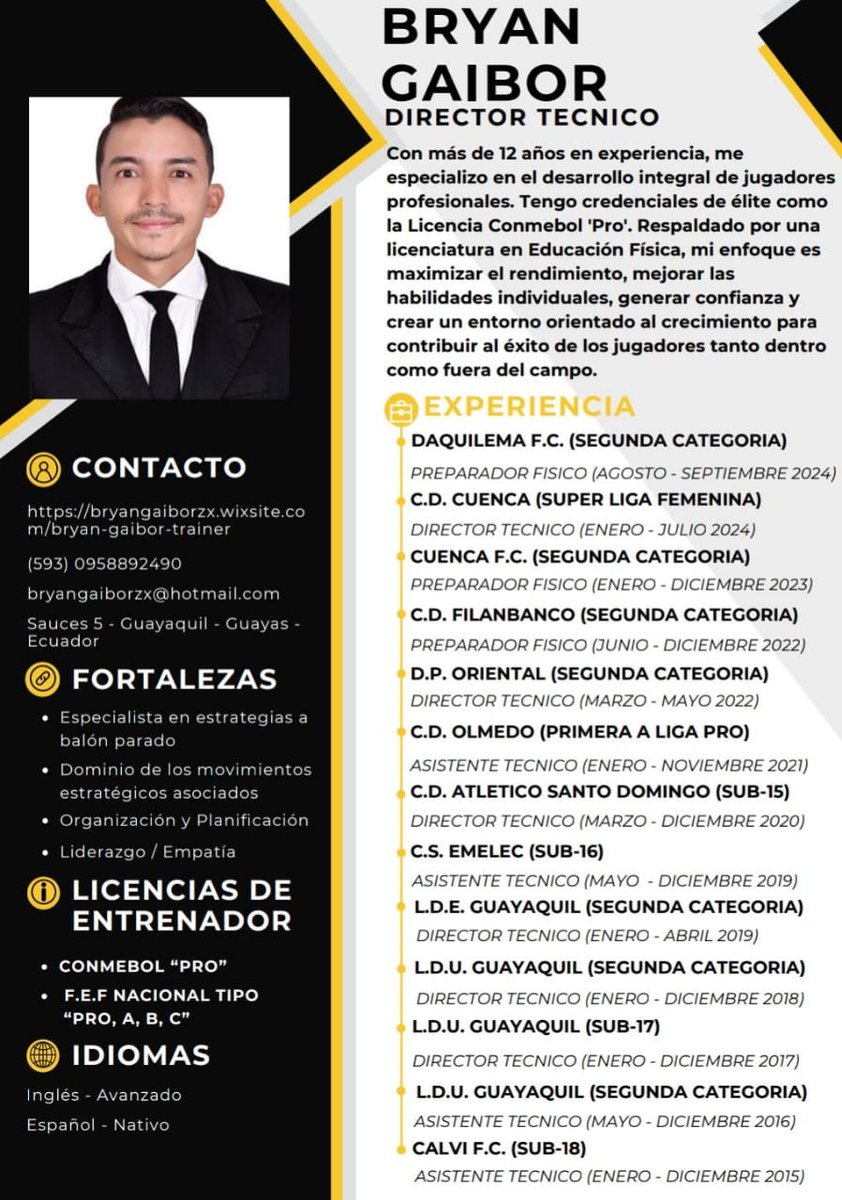 🇪🇨Director Técnico de Fútbol (FEF)
🇦🇷Licenciado en Actividad fisica (UGR)
⚽Licencia Pro (CONMEBOL)
💪Personal Trainer (GYM)
➡ Representante @sinergiafootball ✍
bryangaiborzx.wixsite.com/bryan-gaibor-t…