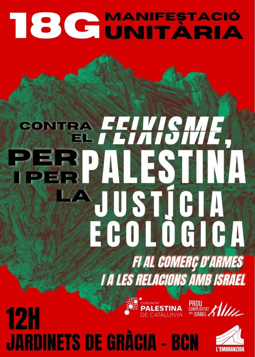 ProuComplicitat #AturemElGenocidi (@proucomplicitat) on Twitter photo Cal que seguim exigint a <a href="/desdelamoncloa/">La Moncloa</a> l'embargament d'armes i relacions amb Israel.
Passi el que passi, continuarem mobilitzades al costat del poble palestí, fins a l'alliberament de Palestina des del riu fins al mar.
#PalestinaLliure
#StopArmesAmbIsrael Cal que seguim exigint a <a href="/desdelamoncloa/">La Moncloa</a> l'embargament d'armes i relacions amb Israel.
Passi el que passi, continuarem mobilitzades al costat del poble palestí, fins a l'alliberament de Palestina des del riu fins al mar.
#PalestinaLliure
#StopArmesAmbIsrael