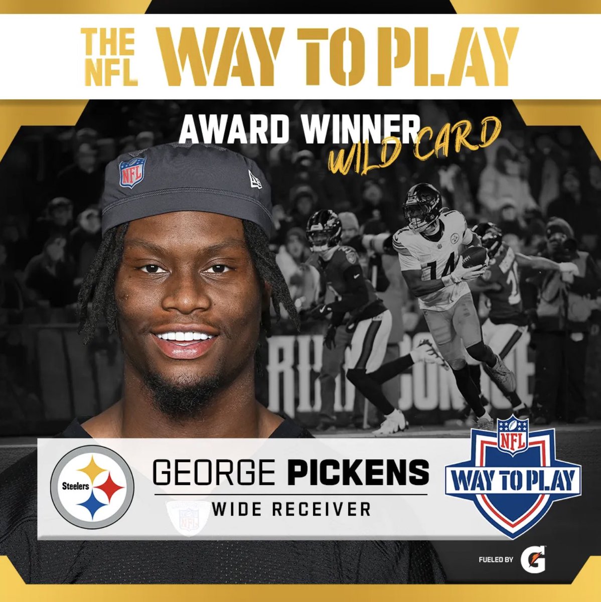 Steelersdepot's tweet photo. George Pickens was named the #WayToPlay Award winner for the Wild Card round. #Steelers #NFL https://t.co/QOoYRhSZNx