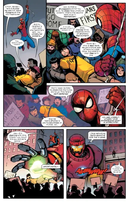 @KamenSoL_ @bunnieac1ds I think it still works tbh.

People VASTLY dislike the X-Men because they openly acknowledge and tell people they're mutants.

People like Spider-Man because they DON'T know he's a mutant, they just accept "he could never be one of those people, he's spidey! He's good!" 