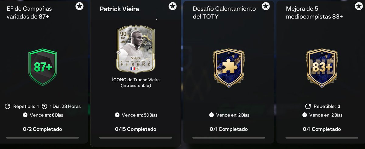 El Contenido de EA FC 25 para Hoy es:

🔹Vieira Thunder: 83, 2 x 85 + IF, 2 x 86+, 2 x 87, 3 x 88, 3 x 89
🔹Elección Campaña 87+: 83 +IF, 85
🔹Desafío Calentamiento TOTY
🔹Mejora 5 x 83+ Mediocentros: 84