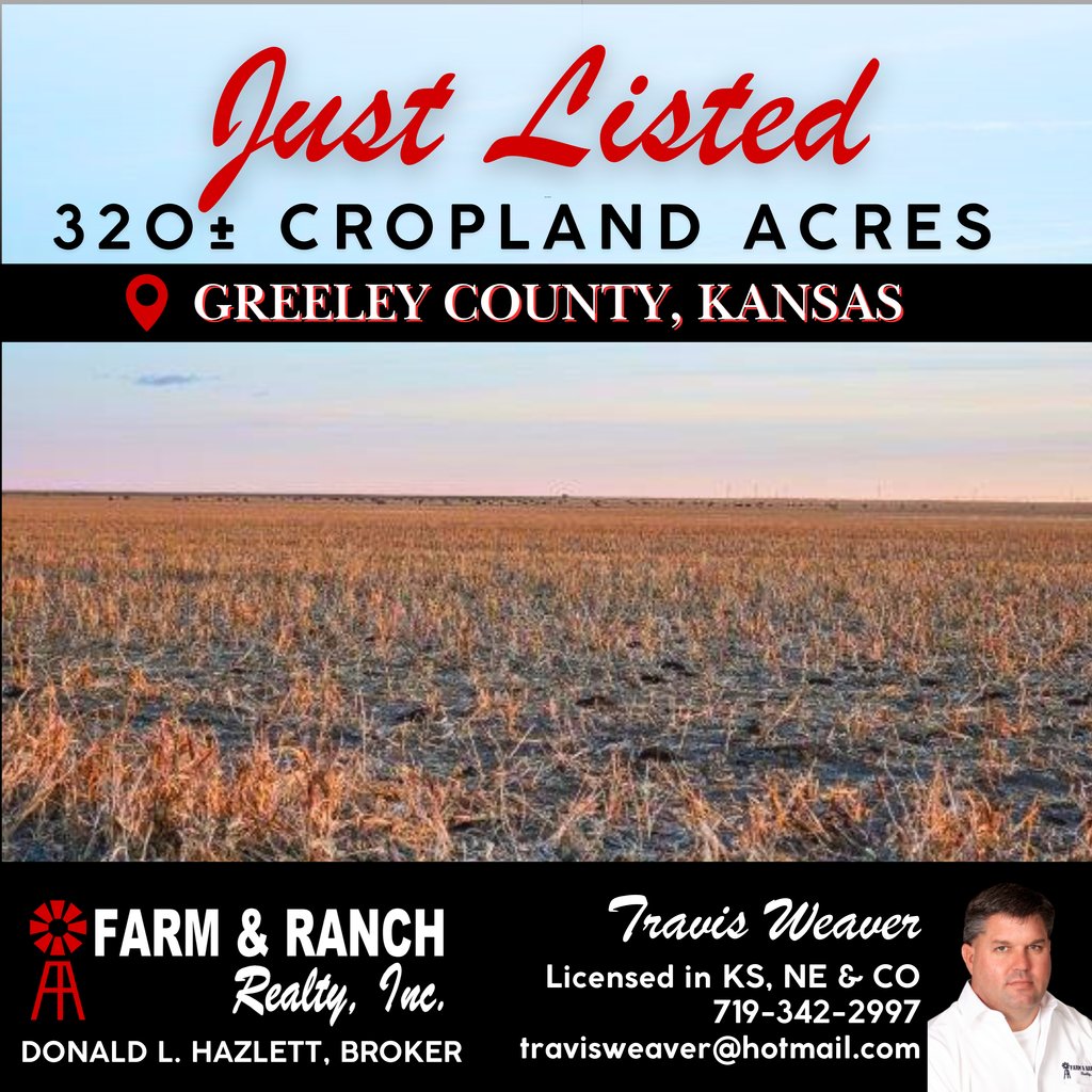 320± Acres of Cropland JUST LISTED in Greeley County, KS!📍

Visit our website frrmail.com/listings/kriss… for additional photos, property details, and more information!

Farm &amp; Ranch Realty, Inc. 
Donald L. Hazlett, Broker 
Travis Weaver, Listing Agent
📞 (719) 342-2997
