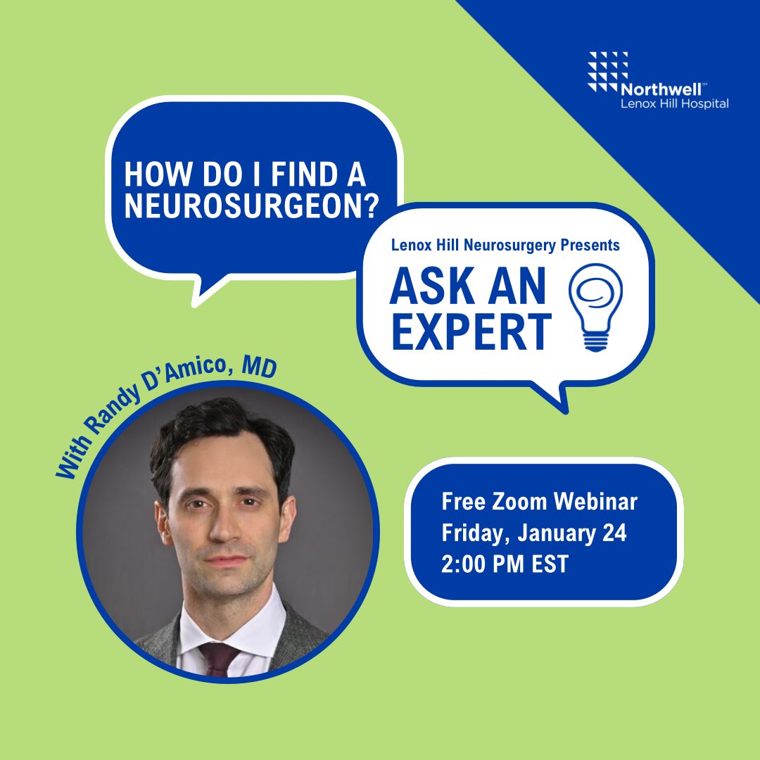 Lenox Hill Neurosurgery (@lenoxneurosurg) on Twitter photo Join <a href="/RandyDAmico_MD/">Randy D'Amico, MD</a> for our new free monthly webinar series “Ask an Expert” on Fri 1/24 at 2 PM EST as he shares expert tips on how to choose the right neurosurgeon for your needs and to ensure you receive the highest level of care. 🧠🏥
Click the link in bio to register! Join <a href="/RandyDAmico_MD/">Randy D'Amico, MD</a> for our new free monthly webinar series “Ask an Expert” on Fri 1/24 at 2 PM EST as he shares expert tips on how to choose the right neurosurgeon for your needs and to ensure you receive the highest level of care. 🧠🏥
Click the link in bio to register!