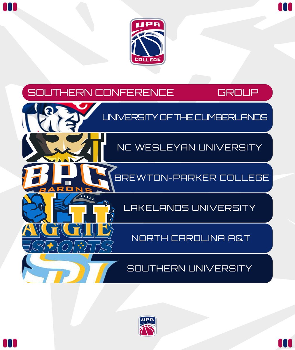 ☀️ Southern Conference ☀️

Southern charm meets relentless competition:

🇺🇸 <a href="/UCPatsEsports/">UCEsports</a> 
⚡️ <a href="/BishopEsports/">NC Wesleyan Esports</a> 
🛡️ <a href="/BPC_esports/">Brewton-Parker College Esports</a> 
🐟 <a href="/MuskiesEsports/">Lakeland Esports</a> 
🐂 ncat_esports
🐯 <a href="/subr_esports/">Southern University Esports</a> 

Who will claim the crown in the South? 🏀👑

Stay Tuned! 👀
