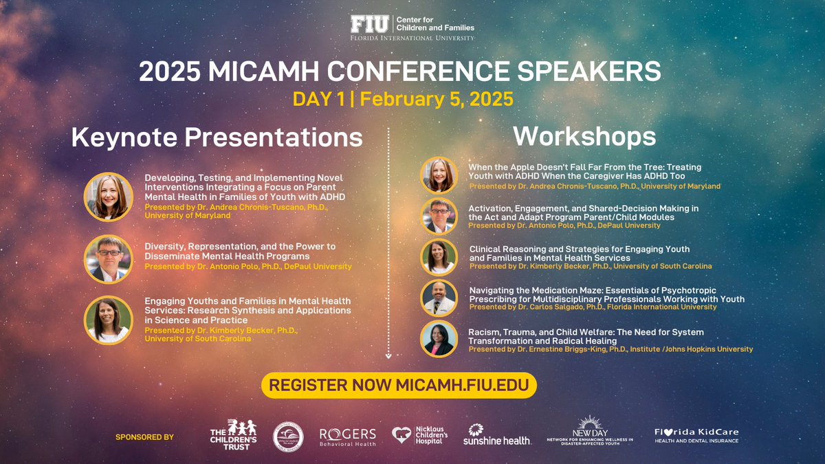 🥁 The #2025MICAMH Conference is almost here! 🥁

Don’t miss the incredible Day 1 speaker lineup, featuring leading experts in child &amp; adolescent mental health.

🔗 Register now: micamh.fiu.edu