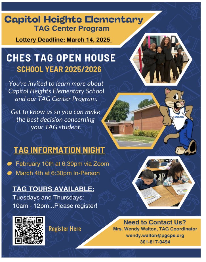 It's TAG Lottery season! Are you considering Capitol Heights Elementary for your TAG Student? Get to know us!  Register for a TAG Tour or for one of our TAG Information Night Sessions! Get to know CHES...where cougars climb to new heights! <a href="/PGCPSTAG/">PGCPS TAG OFFICE</a> 
forms.gle/Jxm4VyFMwgfSi6…