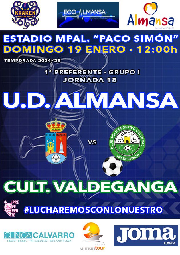 💥PARTIDO EN CASA💥

🏆 JORNADA 18
🆚 @cultural_valdeganga 
🏟️Municipal “Paco Simón “ - Almansa

 📅 DOMINGO 19 de enero 
🕕 12:00 horas

⚽️💙🤍⚽️💙🤍⚽️💙🤍⚽️💙🤍

#almansa #unidossomosmásfuertes #siempreazules #azulones #almansaemergencias #ahoraeselmomento #jugamosconlonuestro