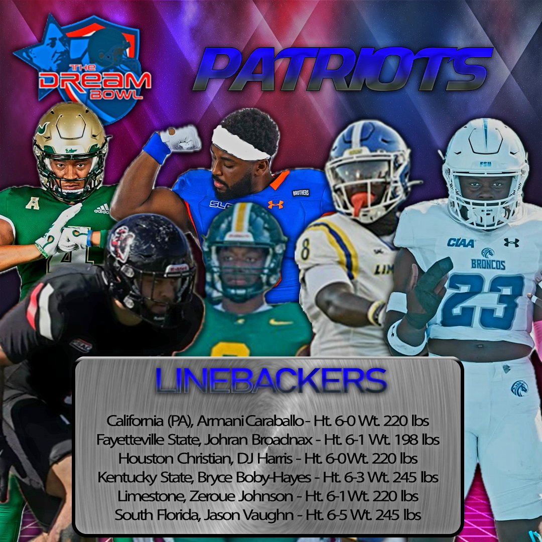 The Dream Bowl (@thedreambowl) on Twitter photo Lets meet LBs for the #DBPATRIOTS! 💪
Armani Caraballo <a href="/ArmaniGAC/">Armani Caraballo</a>
<a href="/VulcanFootball/">California (PA) Vulcan Football</a>
Johran Broadnax <a href="/jaifaizo/">Johran Broadnax 🥶</a> <a href="/Fsubroncos_fb/">Fayetteville State Football</a>
DJ Harris <a href="/DjScores/">DJ Harris</a>
<a href="/HCUFootball/">HCU Football</a>
Bryce Boby-Hayes <a href="/bobyhayes9/">Bryce Boby Hayes</a> <a href="/KYSUFB/">Kentucky State University Football</a>
Zeroue Johnson <a href="/thezjohnson_/">Zereoue Johnson</a>
<a href="/LimestoneFB/">Limestone Football</a>
Jason Vaughn <a href="/Jasonvaughn25/">JASON VAUGHN</a>
<a href="/USFFootball/">USF Football</a> Lets meet LBs for the #DBPATRIOTS! 💪
Armani Caraballo <a href="/ArmaniGAC/">Armani Caraballo</a>
<a href="/VulcanFootball/">California (PA) Vulcan Football</a>
Johran Broadnax <a href="/jaifaizo/">Johran Broadnax 🥶</a> <a href="/Fsubroncos_fb/">Fayetteville State Football</a>
DJ Harris <a href="/DjScores/">DJ Harris</a>
<a href="/HCUFootball/">HCU Football</a>
Bryce Boby-Hayes <a href="/bobyhayes9/">Bryce Boby Hayes</a> <a href="/KYSUFB/">Kentucky State University Football</a>
Zeroue Johnson <a href="/thezjohnson_/">Zereoue Johnson</a>
<a href="/LimestoneFB/">Limestone Football</a>
Jason Vaughn <a href="/Jasonvaughn25/">JASON VAUGHN</a>
<a href="/USFFootball/">USF Football</a>