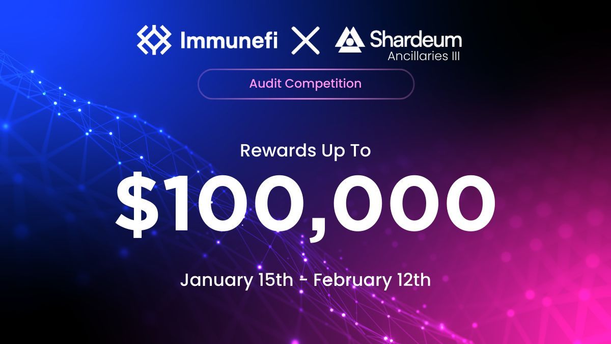 The Shardeum Ancillaries III Audit Competition is officially live! 🚀

This is your chance to help secure @Shardeum's Web2 components, including the Validator GUI, CLI, Archive Server, and RPC Server — with rewards for $25,000 to $100,000 💸

📅 Ends February 12th
💰 Up to $100,000 in rewards available
⌨️ 31,523 nSLOC 

Hunt now: https://t.co/YP15DQ8F1A