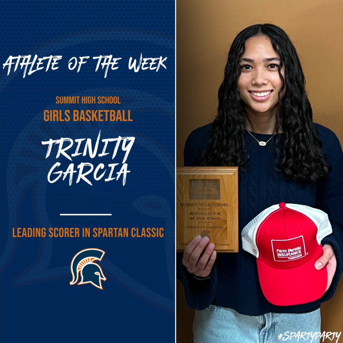 The Farm Bureau Insurance Athlete of the Week for 12/23-12/28 was Sophomore Trinity Garcia. Trinity continues to lead the team in scoring and help her team earn three wins over the break. Congrats Trinity.