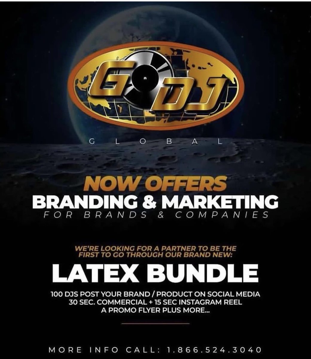 GoDjJCoreyLamar's tweet image. . .
The #GoDjs and I are looking for a Partner
To go through our Brand New “Latex Bundle”
To show how powerful it is and how It works 

HERE’S THE DEAL we need 250 shirts printed with Your Brand Logo alongside ours + some Promotional Products etc…

for more info: 1.866.524.3040