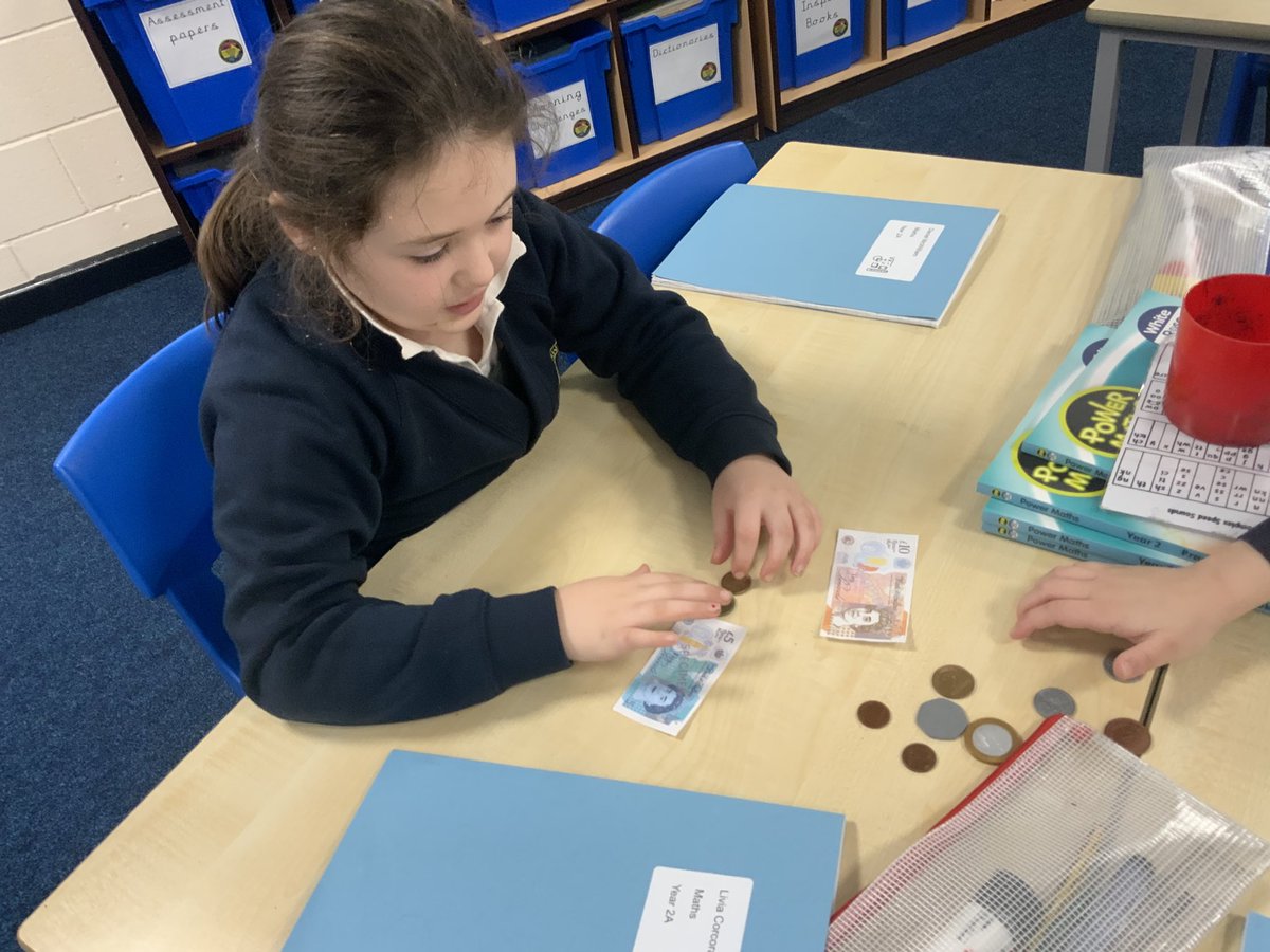 Gorsefield's tweet image. In this morning’s discover session Year 2 used coins and notes to find different amounts of money #cooperation #enquiry #powermaths