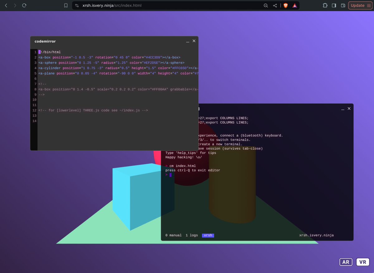 coderofsalvatio's tweet image. new xrsh.isvery.ninja release! 🥳
✅ much better terminal emulation
✅ syntax highlighting in editor (type: cm index.html)
✅ boot option: launch WebXR javascript console
✅ boot option: boot into linux ISO
✅ boot option: pass cmd via URL fragment
next up: make it fast!
