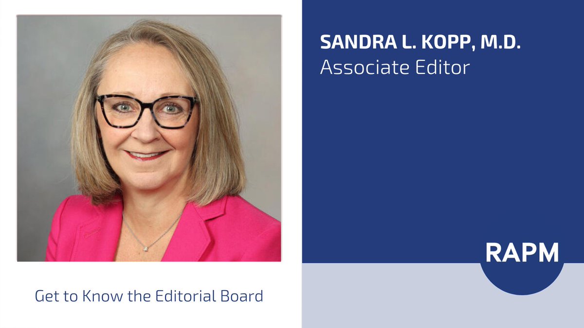 Regional Anesthesia & Pain Medicine (@rapmonline) on Twitter photo This month we highlight Sandra L. Kopp, MD, a member of the Editorial Board on RAPM.
๐ฏ Dr. Kopp has some precious tips for submitting authors.
๐ Click here to read all about the tips and about Dr. Kopp:
bit.ly/4h8X0wd
#RAPM
<a href="/SLKoppMD/">Sandy Kopp</a> This month we highlight Sandra L. Kopp, MD, a member of the Editorial Board on RAPM.
๐ฏ Dr. Kopp has some precious tips for submitting authors.
๐ Click here to read all about the tips and about Dr. Kopp:
bit.ly/4h8X0wd
#RAPM
<a href="/SLKoppMD/">Sandy Kopp</a>