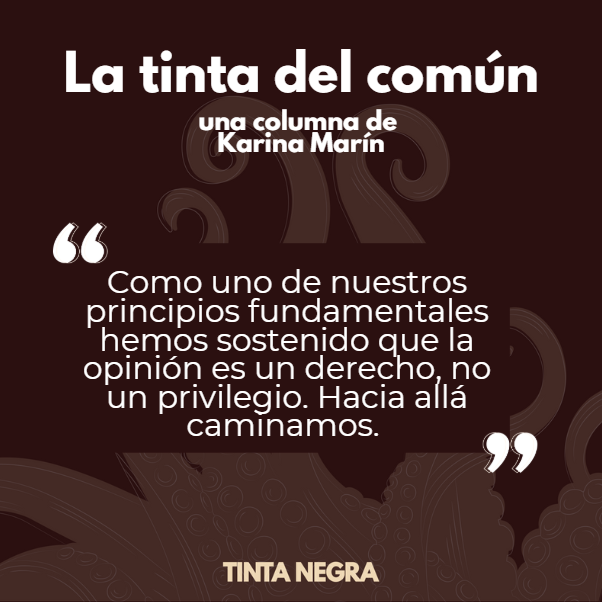 EspaciadoraBar's tweet photo. Retomamos Tinta Negra, el espacio de opinión que inauguramos en pandemia, con muchas ganas de crear oportunidades para encontrarnos en vivo con nuestras audiencias, escucharlas, tomarnos un café y pensar juntas.

👉 https://t.co/4fH1it1WlF
🖊️Karina Marín 

#TintaNegra #Opinión https://t.co/bUJj8C6dbu