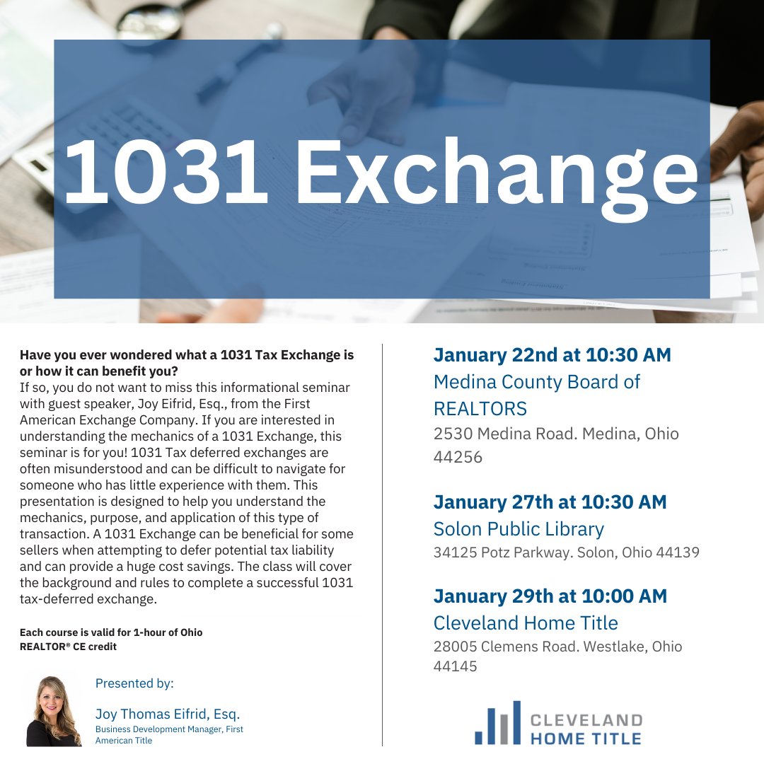 Cleveland_Title's tweet photo. Check out our upcoming 1031 Exchange classes!📚

Register with your CHT rep! https://t.co/a6McTPE2Nc