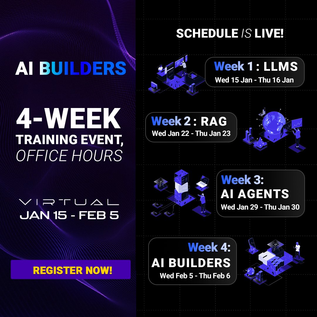 _odsc's tweet photo. From Jan 15 to Feb 6, 2025, join a month-long virtual event designed to help you master cutting-edge skills in #LLMs, #AIAgents, #RAG, and #AdvancedReasoning, through engaging live sessions and interactive workshops.
Check out the full schedule: https://t.co/6yCpG2CSvu https://t.co/26aImydjEv