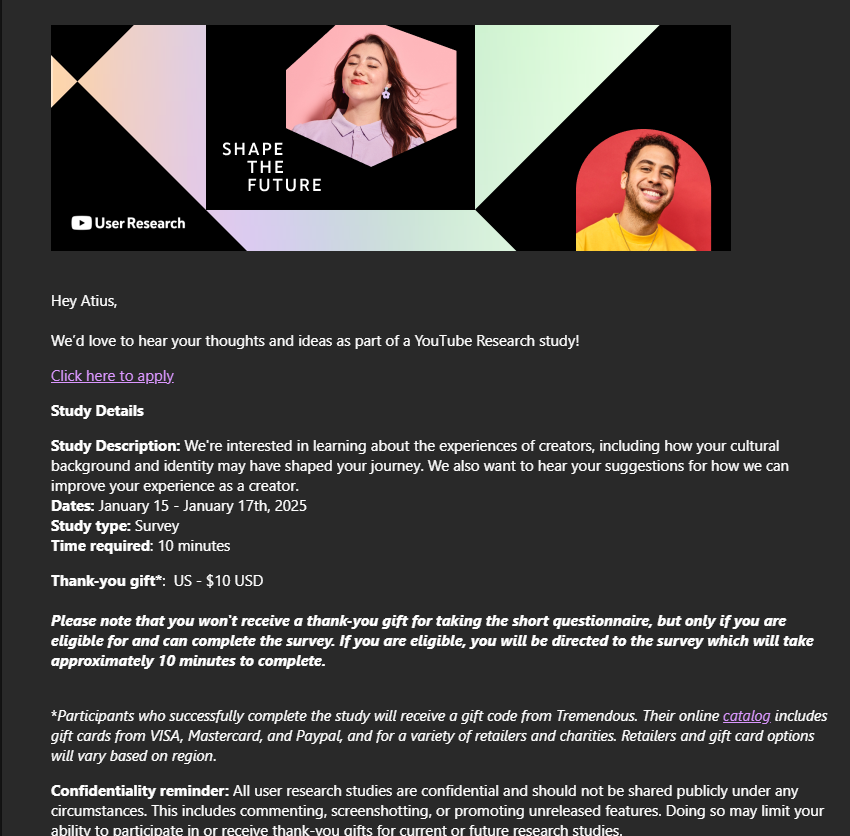 atiusdade's tweet photo. So @YouTube seems to think that white men don't have any culture to add to their Creator Study. Eliminating an entire demographic of people in a study seems biased to me. Culture isn't limited to race or gender or sexual preference. This is disappointing. https://t.co/vbCnQ9jb9K