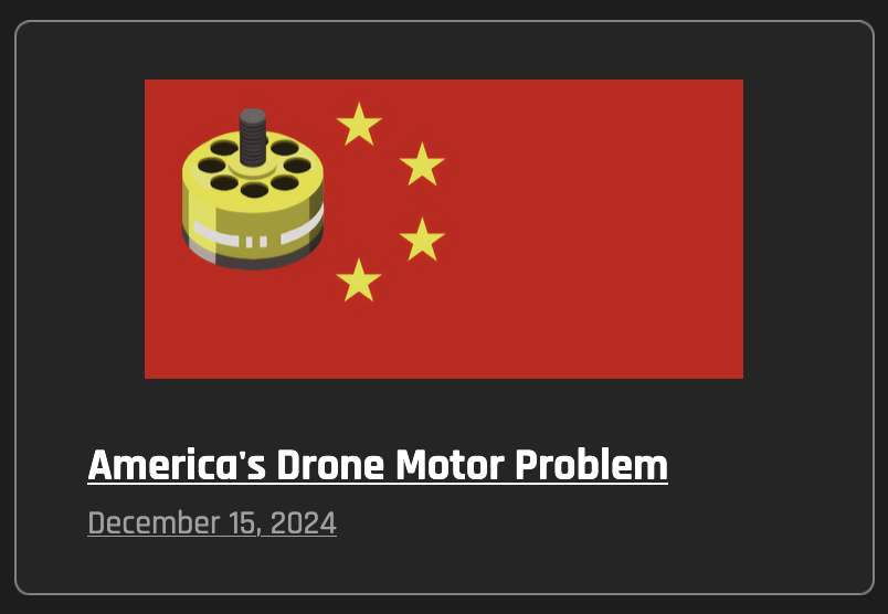 Cosign everything in this post from the <a href="/corvexsys/">Corvex Systems</a> team about the drone motor gap between USA and PRC

Somebody should give these guys a billion dollars to scale up
