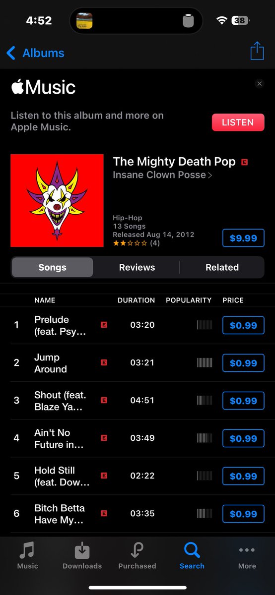 Ey, <a href="/icp/">Insane Clown Posse</a> idk who’s responsible to put your music on <a href="/AppleMusic/">Apple Music</a> but #themightydeathpop is not on there. 
<a href="/psychopathic/">Psychopathic Records</a>
