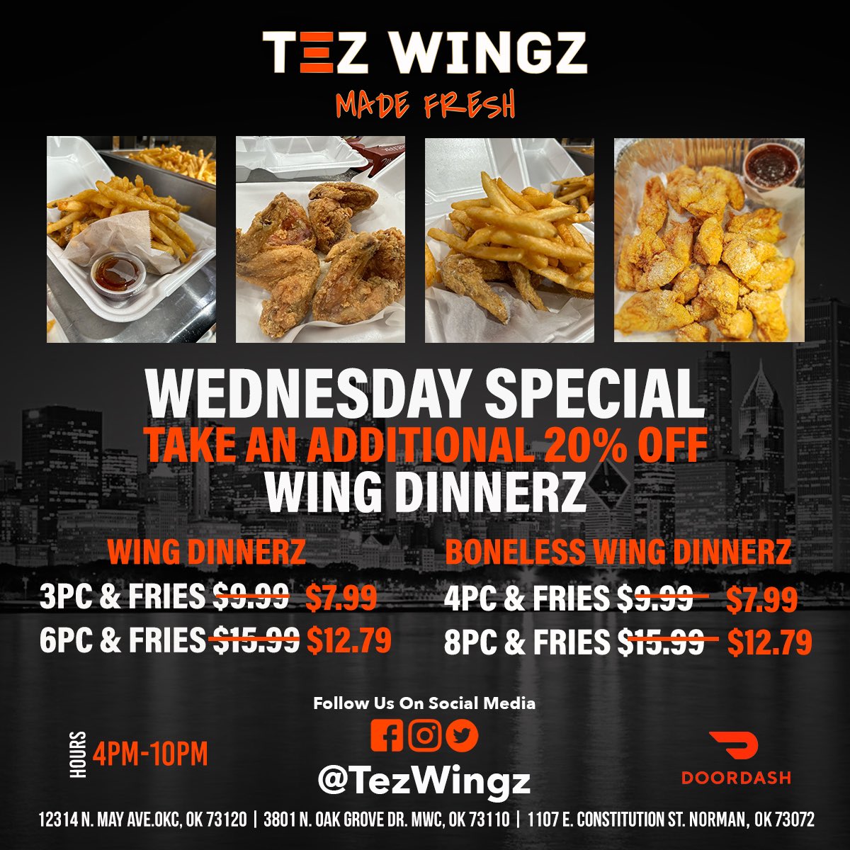 TezWingz's tweet photo. It’s Wednesday! Y’all know what that means 20% OFF Wing Dinnerz Online Orders use #Tez20 Come get some of the best wingz in town! #TezWingz https://t.co/cBPMLxfpVh