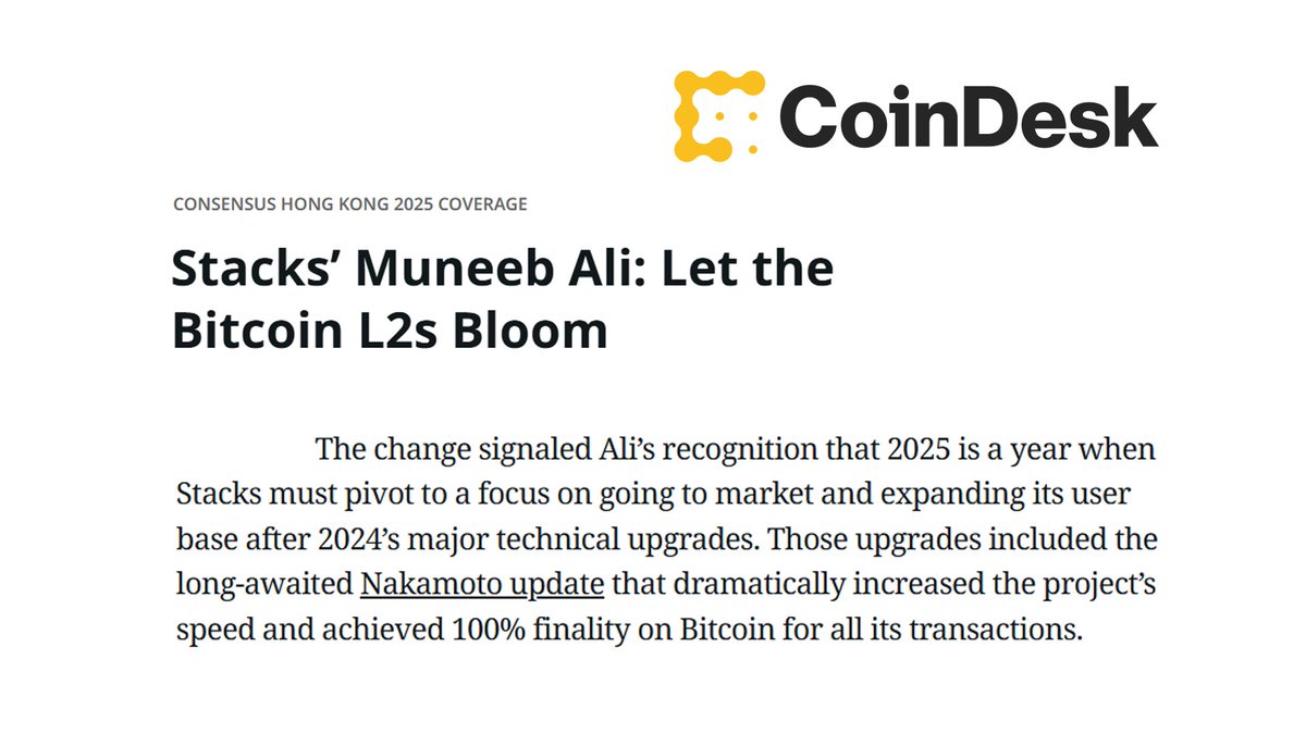 Stacks's tweet image. 2025 will be a year of growth for Stacks 🟧

- Stacks Founder @muneeb spoke to @CoinDesk in anticipation of his Consensus Hong Kong speaking spot in February.