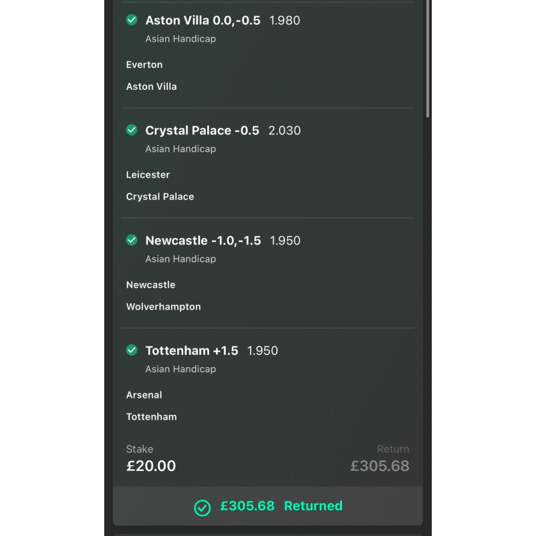 All the Handicaps:
Villa ✅
Palace ✅
Newcastle ✅
Tottenham ✅

£20 -> £300 :) Anyone tail?

🎁 I’ll give £20 from the winnings to someone that likes ❤️

Took any bets today? Show me below for a BONUS entry 👊 Always like seeing what the community is on!