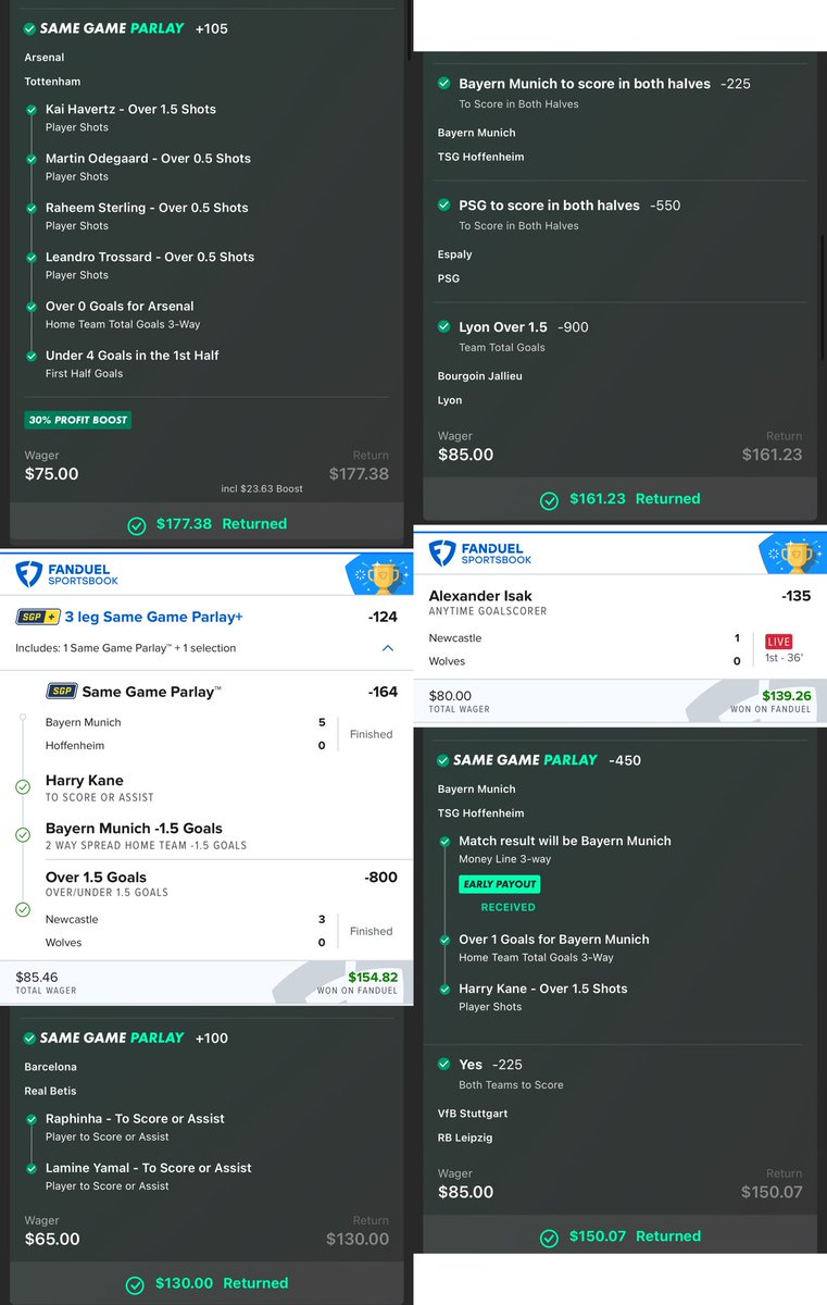 Perfect Day 8/8 ⚽️✅🔥

Full slate sweep 🧹 🧹 

Arsenal/Tottenham Shots SGP ✅
Yamal x Raph ✅
Isak Goal ✅
Kane Parlay ✅
To score in each half Parlay ✅
Germany SGP+ ✅
Newcastle Team total ✅
Stuttgart match x Bayern match goals ✅

📱🔗 marcusbeau.com