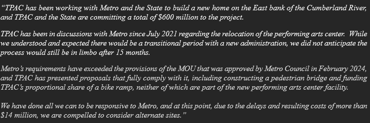 The future of <a href="/tpac/">TPAC</a> relocating to the East Bank appears to be in real jeopardy.

<a href="/NC5/">NewsChannel 5</a> has confirmed, TPAC has gotten frustrated with negotiations with the city of Nashville. They're now exploring alternative locations. Full statement from a spokesperson below: