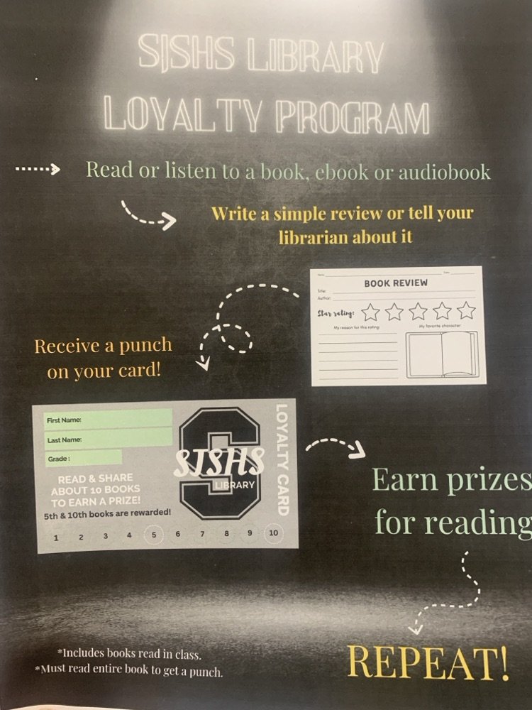 Congratulations to Clark for being a reading winner! He earned prizes from the SJSHS Library for completing his loyalty punch card by reading 10 books. Keep up the good work! #bookjoy #sterlingksreads
