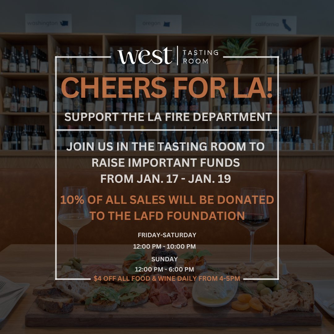 Jam out to your fav 70s tunes at BAPAC, and don’t forget to visit West Tasting Room Jan. 17-19, to support the LAFD Foundation - 10% of all sales will be donated. Located right across the street, it’s the perfect spot to sip, savor, and make a difference!
westtastingroom.com
