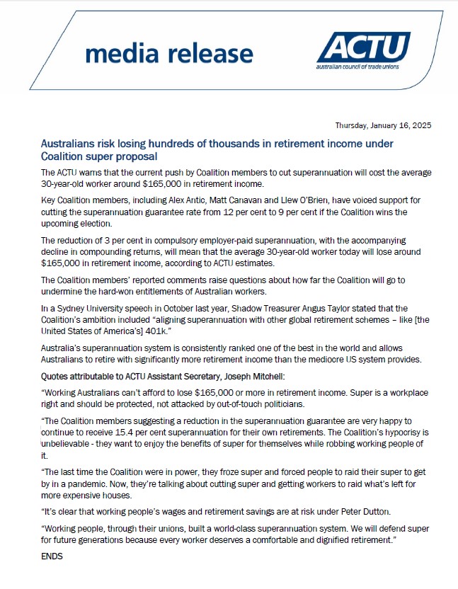 unionsaustralia's tweet photo. Media release: Australians risk losing hundreds of thousands in retirement income under Coalition super proposal https://t.co/4axcxl0Wwe