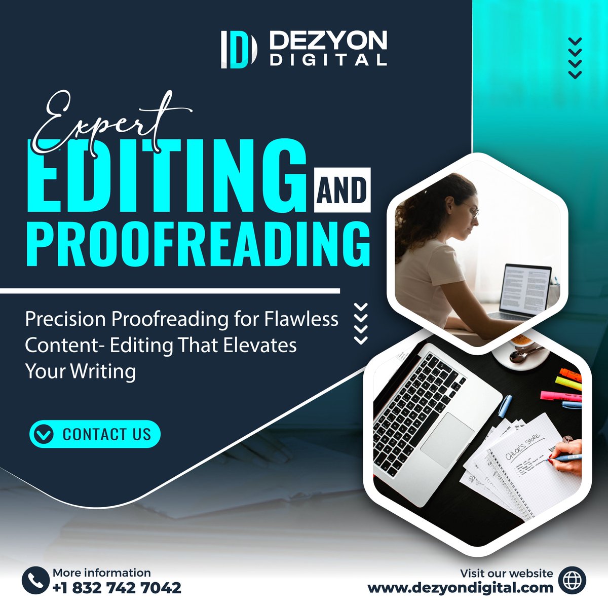 DezyonDigital's tweet image. 🔍 Perfect your writing with our expert editing and proofreading services! ✍️✨ At Dezyon Digital, we refine your content to stand out and make an impact. 🚀
📞 Contact us today: +1 832 742 7042
🌐 Visit: dezyondigital.com
#EditingAndProofreading #FlawlessContent