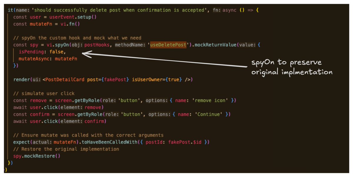 MiguelAmores3's tweet photo. ⚡ Testing and mocking custom hooks (with tanstack)

The custom hook uses useMutation to handle an async operation.
✅ We are mocking the call and test if this is being called with the correct arguments
#testing #vitest #customhook #tanstack #buildinpublic #SoftwareEngineering https://t.co/j4SZHAjxwH