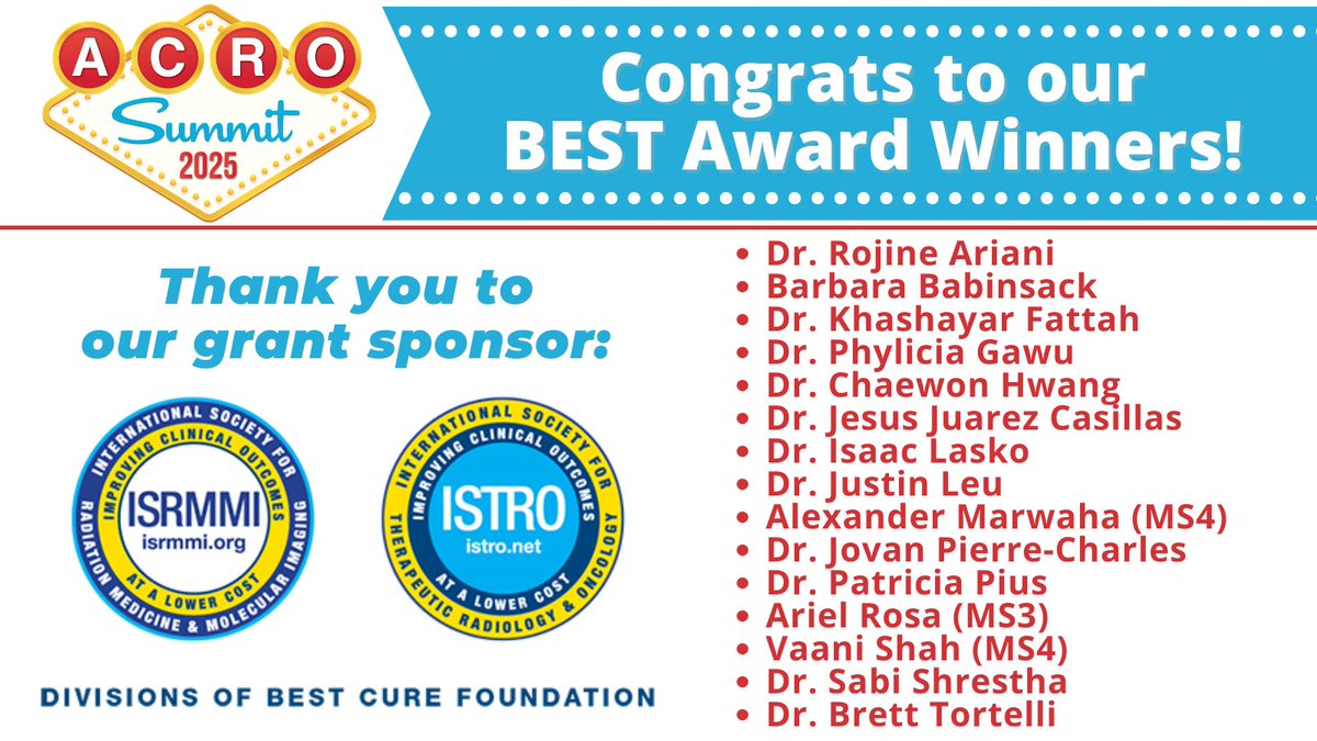ACRO - American College of Radiation Oncology (@acroradonc) on Twitter photo We're proud to announce the winners of the #ACRO2025 BEST Award by The International Society for Therapeutic Radiology & Oncology, a division of Best Cure Foundation. Congrats to these deserving residents, med students, & SEALs who will receive travel funding for #ACROinVegas! We're proud to announce the winners of the #ACRO2025 BEST Award by The International Society for Therapeutic Radiology & Oncology, a division of Best Cure Foundation. Congrats to these deserving residents, med students, & SEALs who will receive travel funding for #ACROinVegas!