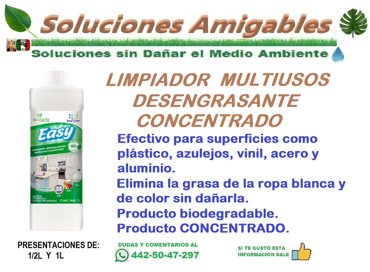 SolucionesAmig1's tweet photo. LIMPIADOR MULTIUSOS DESENGRASANTE CONCENTRADO.
Efectivo para superficies: plástico,azulejos,vinil,acero y aluminio.
Elimina grasa de ropa blanca y color sin dañarla.
Producto biodegradable.
Producto CONCENTRADO.
#solucionesamigables #biodegradable #concentrado #desengrasante https://t.co/y9Jkz9OJR7