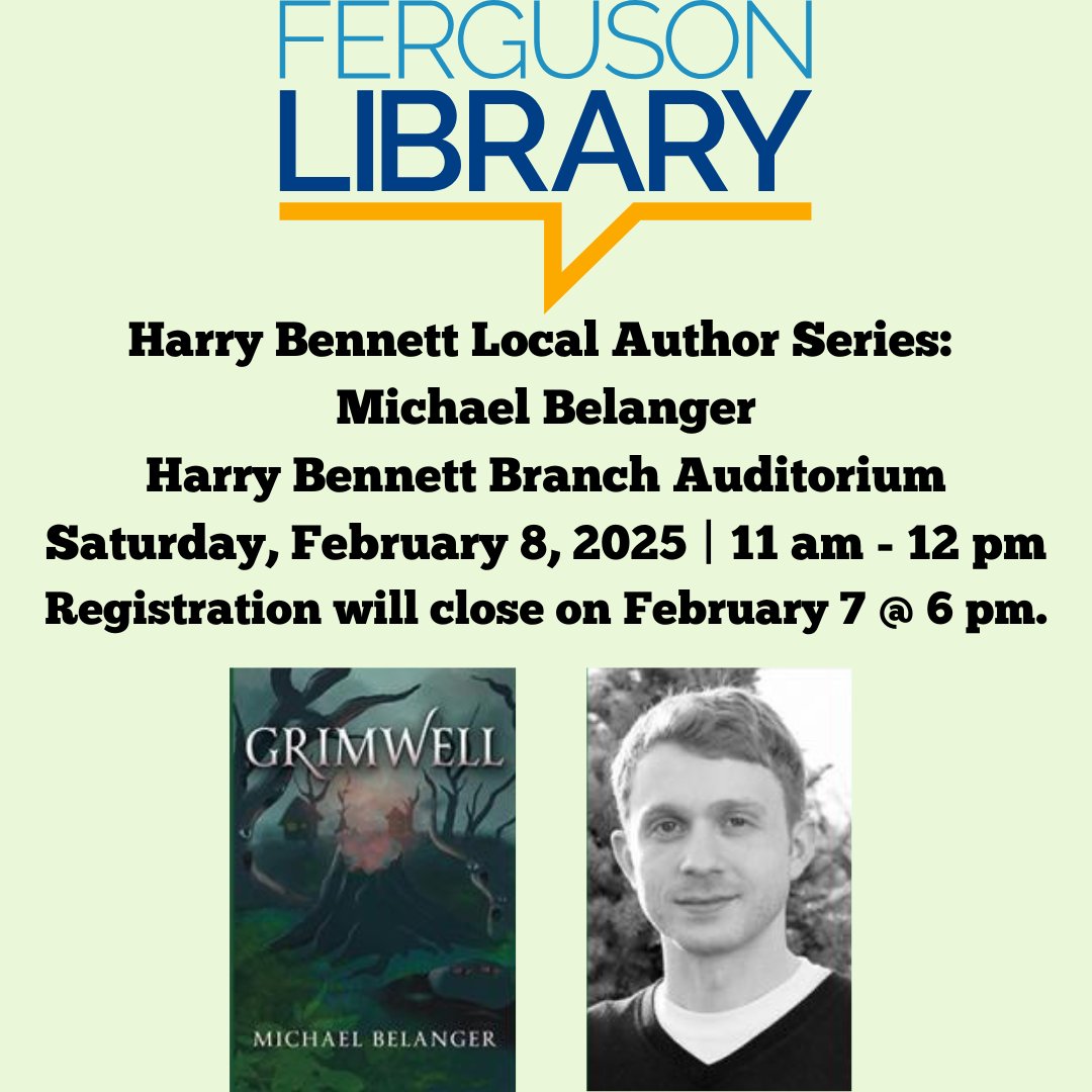 Join #author <a href="/MBelanger514/">Michael Belanger</a> for a #reading and #booksigning at The Ferguson Library featuring his #newrelease #scifi #fantasynovel GRIMWELL. Registration required at bit.ly/4alaL8W

#localauthor #localauthorevent #authorevent #fantasy #fanfiction #fiction #mustread