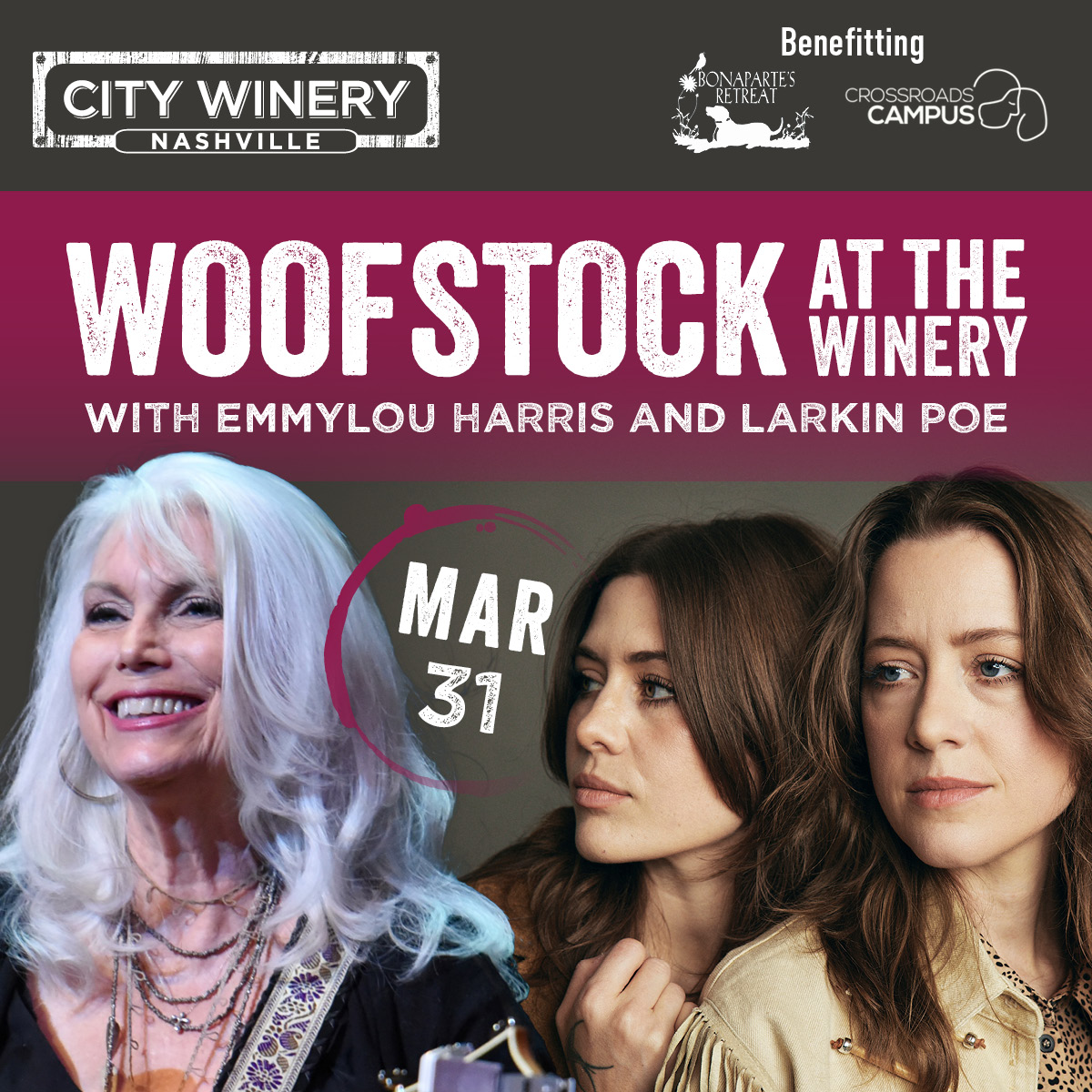Emmylou Harris (@emmylousongbird) on Twitter photo Come see Emmylou for Woofstock at the Winery at <a href="/CityWineryNSH/">CityWineryNSH</a>! Emmylou will be joined by <a href="/LarkinPoe/">Larkin Poe</a> on March 31st. Get your tickets before they're gone emmylouharris.com/tour Come see Emmylou for Woofstock at the Winery at <a href="/CityWineryNSH/">CityWineryNSH</a>! Emmylou will be joined by <a href="/LarkinPoe/">Larkin Poe</a> on March 31st. Get your tickets before they're gone emmylouharris.com/tour